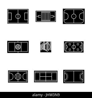 Satz von schwarzen Symbole Spielplätze Fußball, Fußball, Basketball, Baseball, Eishockey, Volleyball, Handball und Tennis, isoliert auf weißem Hintergrund. Desi Stock Vektor