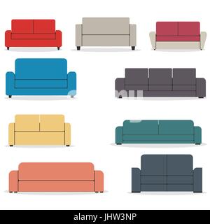 Satz von Möbeln, Sofas in verschiedenen Formen, die isoliert auf weißem Hintergrund. Elemente der Innenarchitektur in einem flachen Stil, Vektor-Illustrationen. Stock Vektor