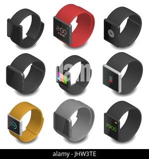 Satz von verschiedenen smart-Uhren, isoliert auf weißem Hintergrund. Elemente-Design von digitalen Geräten. Isometrische 3D-Stil, Vektor-Illustration. Stock Vektor