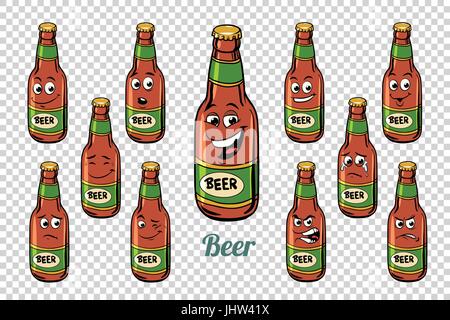 Bier Flasche Emotionen Zeichen Sammlungssatz. Isolierten neutralen Hintergrund. Retro Comic Buch Style Cartoon Pop-Art-Vektor-illustration Stock Vektor