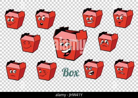 Fastfood und Süßigkeiten Verpacken Emotionen Characters-Auflistung eingestellt. Isolierten neutralen Hintergrund. Retro Comic Buch Style Cartoon Pop-Art-Vektor-illustration Stock Vektor