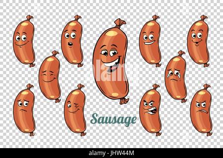 Wurst-Emotionen Zeichen Sammlungssatz. Isolierten neutralen Hintergrund. Retro Comic Buch Style Cartoon Pop-Art-Vektor-illustration Stock Vektor