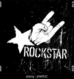 Rockstar-Symbol, Zeichen der Hörner Geste Grunge Zusammensetzung auf schwarz Stock Vektor