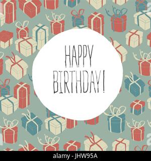Vintage Poster mit handgezeichneten Schriftzug "Happy Birthday". Auf verschiedenen Geschenk-Boxen Musterdesign. Stock Vektor