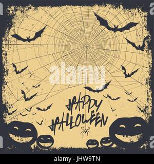 Halloween unter dem Motto Hintergrund mit handgezeichneten Schriftzug und Fledermäuse Silhouetten und gruselige Kürbisse Stock Vektor