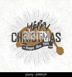 Frohe Weihnachten Vintage Monochrom Schriftzug mit Weihnachtsmann Mütze Silhouette auf Hintergrund Stock Vektor