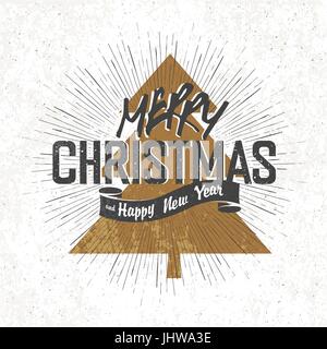 Frohe Weihnachten Vintage Monochrom Schriftzug mit Weihnachtsbaum-Silhouette auf Hintergrund Stock Vektor