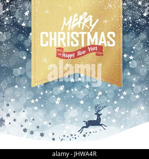 Frohe Weihnachten-Vintage-Hintergrund. Schneefall und goldene Abzeichen Gruß und Weihnachten Hirsch. Alle Schichten getrennt und können bearbeitet werden. Stock Vektor