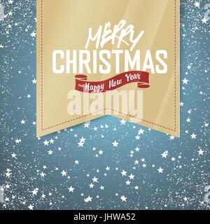 Merry Christmas Card fällt Schnee und Sterne mit Gruß Weihnachten Label Stock Vektor
