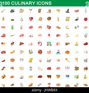 100 kulinarische Icons Set, Cartoon-Stil Stock Vektor