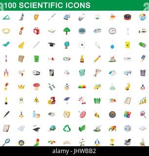 100 wissenschaftliche Symbole gesetzt, Cartoon-Stil Stock Vektor