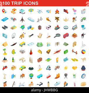 100 Reise Icons Set, isometrischen 3d Stil Stock Vektor