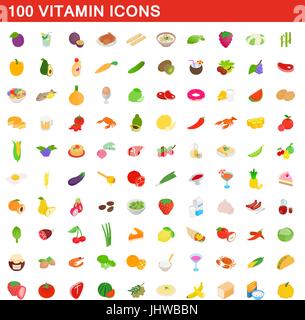 100 Vitamin Icons Set, isometrischen 3d Stil Stock Vektor