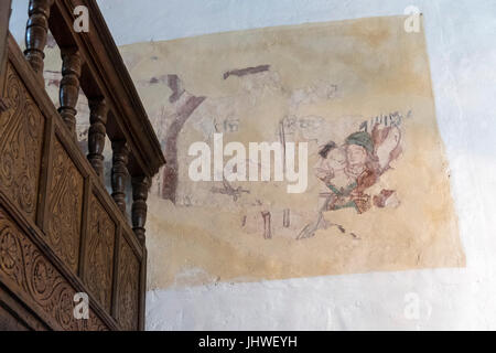 Restaurierte mittelalterliche Wandmalerei an den Wänden der Kirche St. Winfreds, Branscombe, Devon Stockfoto