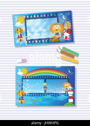 Photo The frame is vertical and horizontally. Illustration for your design. A frame with a lion and a balloon for travel. Stock Vektor