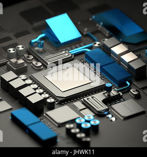 Modernen Innenleben von mobilen Geräten und Computern mit Mikroprozessor CPU und Motherboard mit RAM-Chips. Technik-Hintergrund. 3D illustration Stockfoto