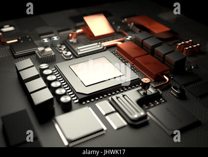 Moderne Technik-Hintergrund. Einen genauen Blick auf einem Computer CPU auf einem Motherboard-Server. 3D Illustration zu rendern. Stockfoto