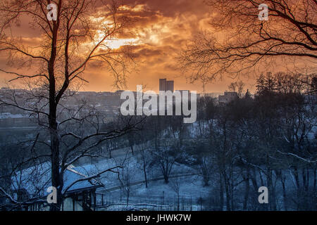 Winter Sonnenuntergang in die Stadt, Skyline von Prag, Panorama Stockfoto