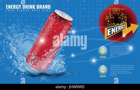 Energie-Getränk-Metall kann Mockup mit Wasser Spritzen und Tropfen für Werbung 3d Layoutvorlage für Ihr Design. Illustrierte Vektor. Stock Vektor