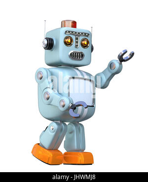 Cuteretro Roboter isoliert auf weißem Hintergrund. 3D-Rendering Bild mit Beschneidungspfad. Stockfoto