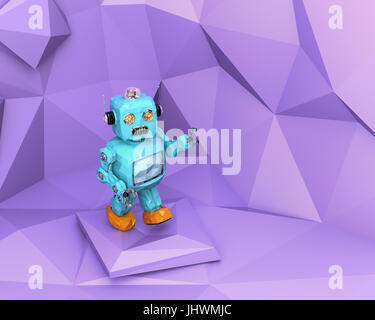 Rote low-Poly-Roboter in lila polygonalen Hintergrund. 3D-Rendering Bild. Stockfoto
