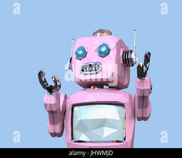 Low-Poly-rosa Retro-Roboter auf blauem Hintergrund isoliert. 3D-Rendering Bild. Stockfoto