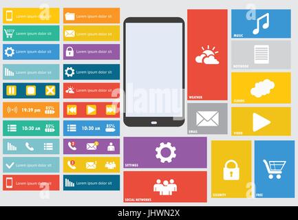 Moderne bunte User Interface Vektor Layout im flat Design mit einfachen quadratischen Fenster, Schaltflächen, Widgets und Navigationssymbole Stock Vektor