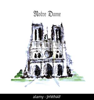 Kathedrale Notre-Dame de Paris, Frankreich. Aquarell Handzeichnung. Stock Vektor