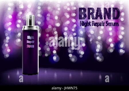 Cosmetic feuchtigkeitsspendende Markenprodukt. Glänzend violette Nacht Repair Serum Flasche auf einem dunklen Hintergrund mit weichen Bokeh. 3D transluzente Flasche Vektorgrafik. Stock Vektor