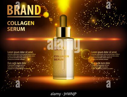 Kosmetik Beauty-Produkt, Anzeigen von Premium-Serum-Essenz-Flasche für die Hautpflege. Gold kosmetische Glasflasche mit Tropfer. Vorlage für Ihr Design und Werbung, Vektor-Illustration. Stock Vektor