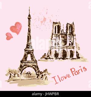 Kathedrale Notre Dame de Paris, Eiffelturm, Frankreich. Zeichnung Aquarell Hand Vektor-illustration Stock Vektor