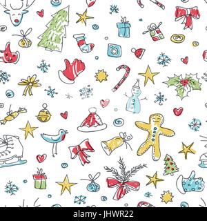 Frohe Weihnachten Seamless Pattern. Hand gezeichnet und niedlich. Stock Vektor