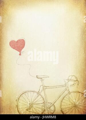 Vintage Valentines Illustration mit dem Fahrrad und Herz-Ballon. Im Alter von Vektor Vorlage Stock Vektor