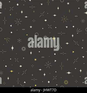 Geometrische Musterdesign. Gold, grau und Beige Farben. Sterne, Quadrate, Kreise, Dreiecke, Raute und Linien. Stock Vektor