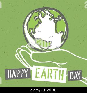 Glücklich Earth Day. Design für Earth Day. Konzept Plakat mit Erde in Händen. Auf Recycling-Papier Textur. Vorlage für Feiern Karte Stock Vektor