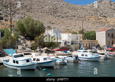 Symi-Insel, Süd Ägäis, Griechenland - Angelboote/Fischerboote im Hafen von Pedi Stockfoto