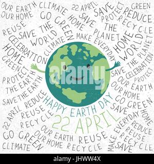 Abbildung der Erde. Lächeln der Erde. "Glücklich Earth Day. 22 April' Text. Typografische Erde Tag Poster.  Text um die Erde. Grunge Schichten leicht ed Stock Vektor