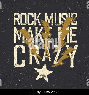 Vintage Label mit Blitz Magnet zum Stern. "Rockmusik machen mich verrückt". Grunge-Stil t Shirt print-design Stock Vektor