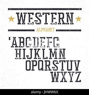 Vintage westliche Alphabet. Serif Buchstaben gestempelt. Grunge-Stil sieht Retro. Stock Vektor