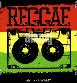 Audiokassette und Reggae-Schriftzug. Vektor-Reggae-Design mit Audiokassette auf Rastafari Grunge Hintergrund Stock Vektor