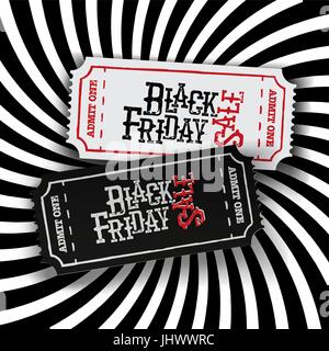 Schwarzer Freitag-Ticket-Konzept. Retro Stil "Black Friday" Typografie auf zwei altmodische Kinokarten auf schwarzen und weißen Sunburst monochrome Hinterg Stock Vektor