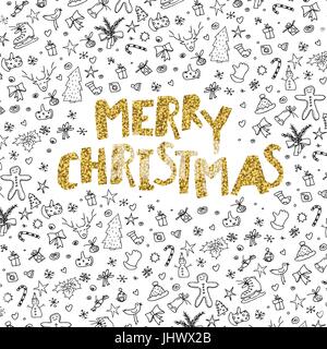 Frohe Weihnachten gold Schrift auf schwarz handgezeichneten Xmas thematische Muster. Stock Vektor