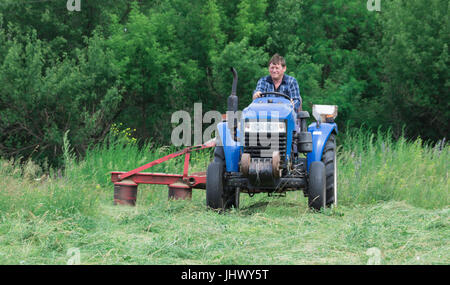 Mann erntet Heu mit einem Traktor für die Landwirtschaft Stockfoto