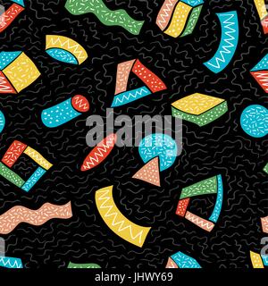 Bunte nahtlose Vektormuster mit handgezeichneten Kritzeleien und geometrische Formen auf schwarzem Hintergrund. Retro-Look, Hipster Grafikvorlage Hintergrund Stock Vektor