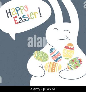 Grußkarte mit mit weißen Osterhase. Lustige Häschen. Osterhase. Stock Vektor