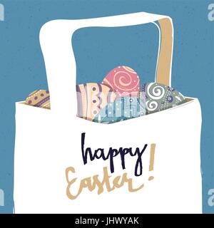 Grußkarte mit mit Ostereiern. Osterkorb. Stock Vektor