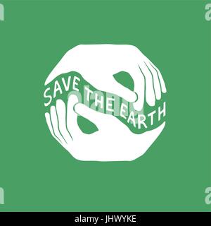 Rette die Erde. Earth Day Konzept. Logo-Design-Vorlage. Hände halten Erde Abbildung. Stock Vektor