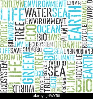 Earth Day unter dem Motto nahtlose Hintergrund. Grüne und blaue Farben. Muster setzt sich aus Wörtern Erde, Meer, Öko, Bio, Pflanze usw.... Stock Vektor