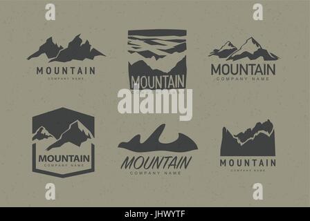 Der Gipfel Berge Logo Vorlage mit abstrakten Hintergrund. Vektor-Illustration festgelegt. Bergsteigen und Reisen, Icons und Symbole. Stock Vektor