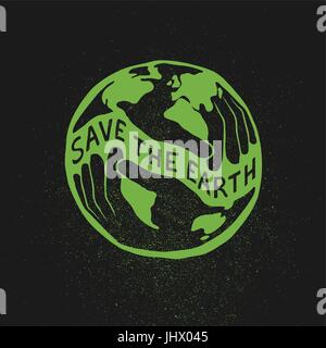 Rette die Erde. Earth Day Konzept. Logo-Design-Vorlage. Menschliche Hände halten Planeten Erde. Grün auf schwarz strukturierten Hintergrund Stock Vektor